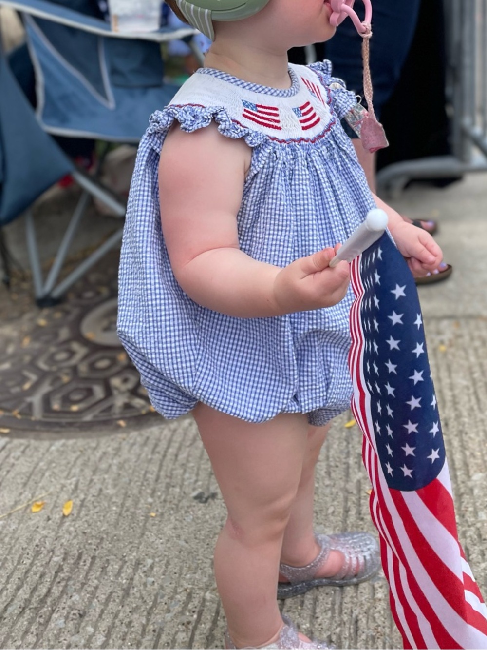 Classic Blue Gingham Baby bubble with Flag Smocking